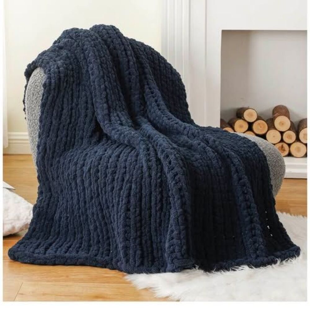 Navy Chunky Knit Throw Blanket, Chenille Throw Blanket